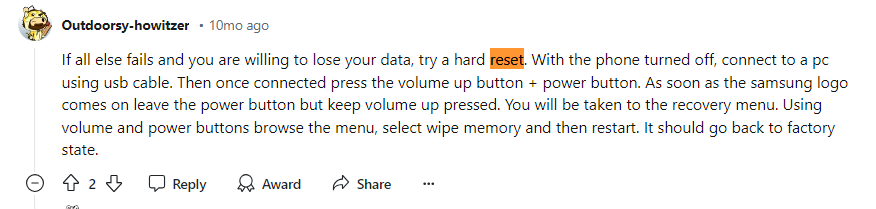 screenshot of hard reset advice from a reddit user in the comments on phone stuck in restart
