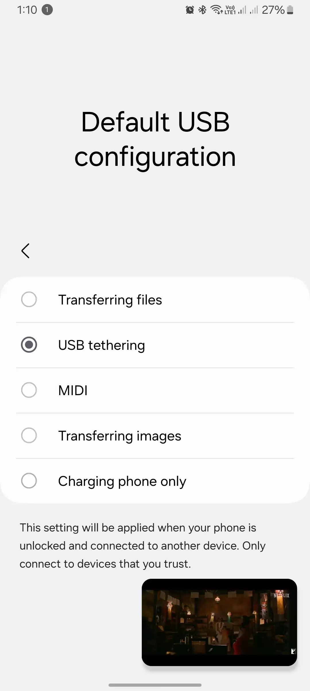 Screenshot of default USB configurations set as USB tethering