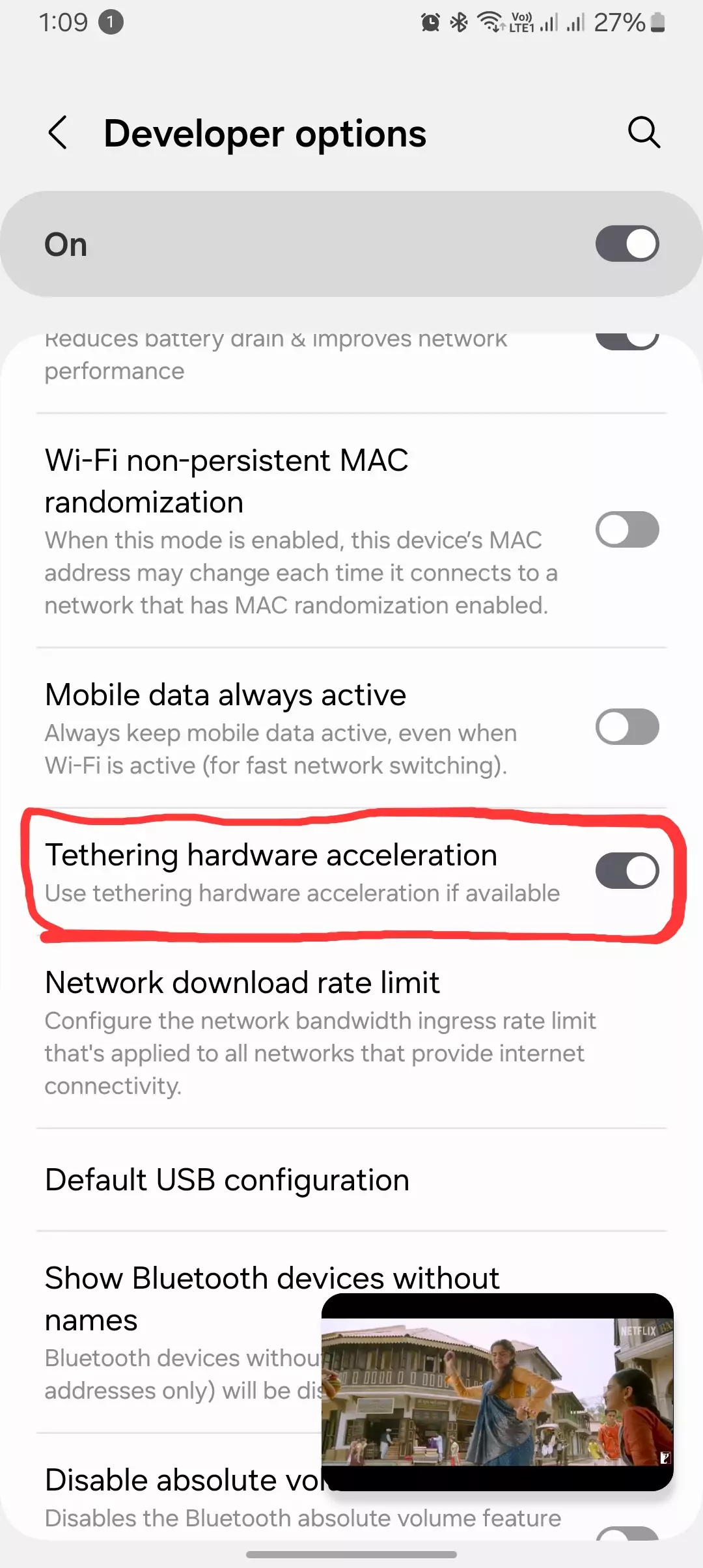 Screenshot of Tethering Hardware Acceleration turned on